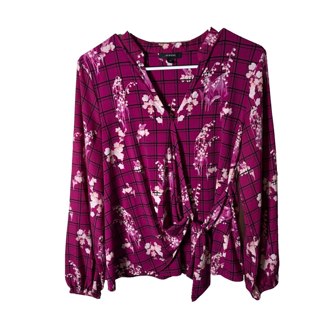 Alfani Blouse Women's Petite Medium V-Neck Wrap Tie Long Sleeve Printed